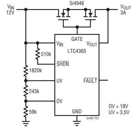 Complete 12V vehicle under voltage, overvoltage and power supply reverse protection circuit